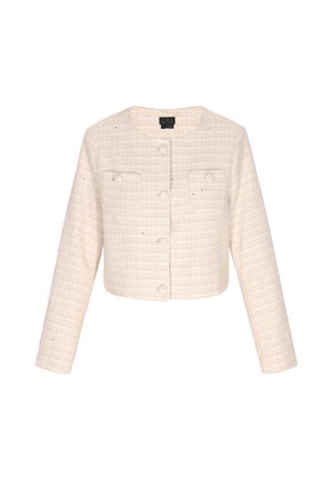 Kratā krēmkrāsas jaka, izgatavota no teksturētas auduma ar šķērsotu rakstu, ar apaļu kakla izgriezumu, divām priekšējām kabatām un sešām pogām.