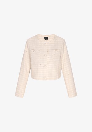 Kratā krēmkrāsas jaka, izgatavota no teksturētas auduma ar šķērsotu rakstu, ar apaļu kakla izgriezumu, divām priekšējām kabatām un sešām pogām.