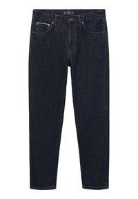 Mørkeblå denim jeans med lige ben, fem lommer, kobber syninger og lynlås lukning. Glat tekstur, ingen synlige mønstre.