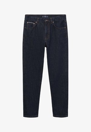 Jeans din denim de culoare albastru închis, cu un design drept, cinci buzunare, cusături din cupru și o închidere cu fermoar. Textură netedă, fără modele vizibile.