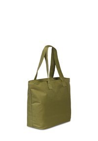 Groene canvas draagtas met twee stevige handvatten, rechthoekige vorm, gladde textuur en een eenvoudig ontwerp zonder zichtbare patronen of hardware.