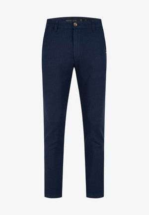 Navy blue trousers made of cotton blend fabric, featuring a straight-leg design, button closure, and side pockets. Smooth texture with minimal detail.