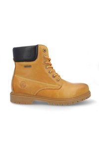 Botas impermeables marrones con un cuello negro, puntera redonda, cordones naranjas y cuero texturizado. Presenta una suela resistente con un dibujo pronunciado.