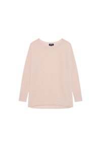 Maglione lavorato a maglia rosa chiaro con scollatura rotonda, maniche lunghe e polsini a costine. Presenta un orlo posteriore leggermente allungato per una vestibilità comoda.