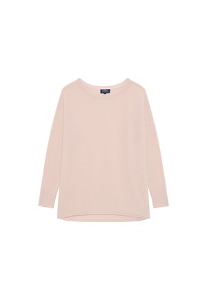 Pull en tricot rose clair avec un col rond, des manches longues et des poignets côtelés. Présente un ourlet arrière légèrement allongé pour une coupe décontractée.