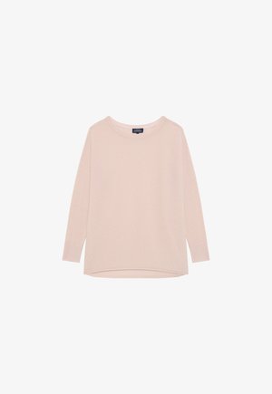 Pull en tricot rose clair avec un col rond, des manches longues et des poignets côtelés. Présente un ourlet arrière légèrement allongé pour une coupe décontractée.