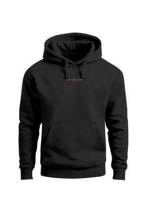 Schwarzer Kapuzenpullover mit Fronttasche und "NEVERLESS" Text in kleiner weißer Schrift auf der Brust.