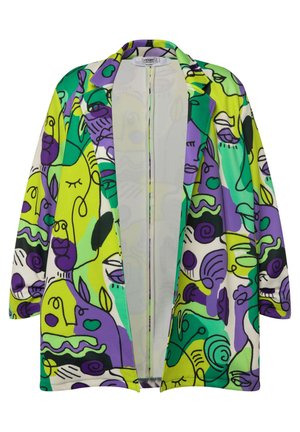 Bunte Kimono-Jacke aus glattem Stoff mit abstrakten Mustern in Grün, Gelb und Lila. Offene Vorderseite, lange Ärmel und lockere Passform.