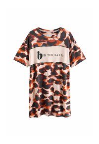 Kortærmet t-shirt i en blanding af orange, sort og creme leopardprint med et solidt beige bånd, der har "b by TED BAKER" logo.