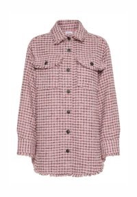 Roza, teksturirana jakna s karo vzorcem, sprednjim gumbom, dvema prsnikoma in razfrkanimi robovi. Narejena iz tkanine.