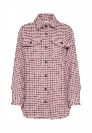 Rosa, strukturierte Jacke mit karierter Musterung, Knopfleiste, zwei Brusttaschen und fransigen Kanten. Hergestellt aus gewebtem Stoff.