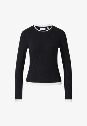 Maglietta nera aderente a maniche lunghe con finiture bianche su colletto, polsini e orlo, etichettata Comma, taglia 36, mostrata su sfondo bianco.