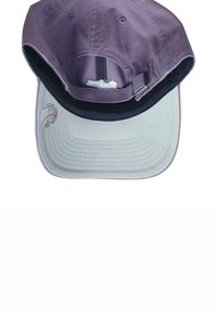 Purple baseball cap with a flat brim, featuring a gray underside and a small baseball graphic on the left side. Cotton material.