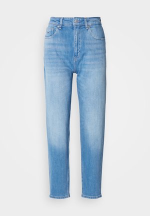 Lichtblauwe denim jeans met een hoge taille, recht model en lichte vervaging op de dijen. Inclusief voorzakken en riemlussen.