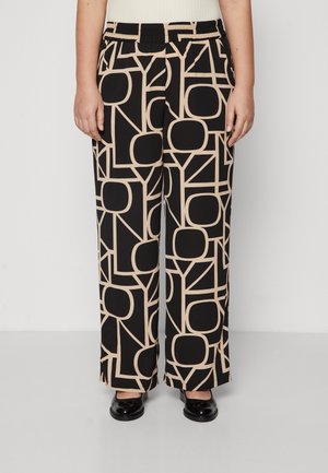 Zwart en beige gestreepte wijde broek met een elastische tailleband, voorzien van gedurfde geometrische vormen en een zachte, lichte stof.