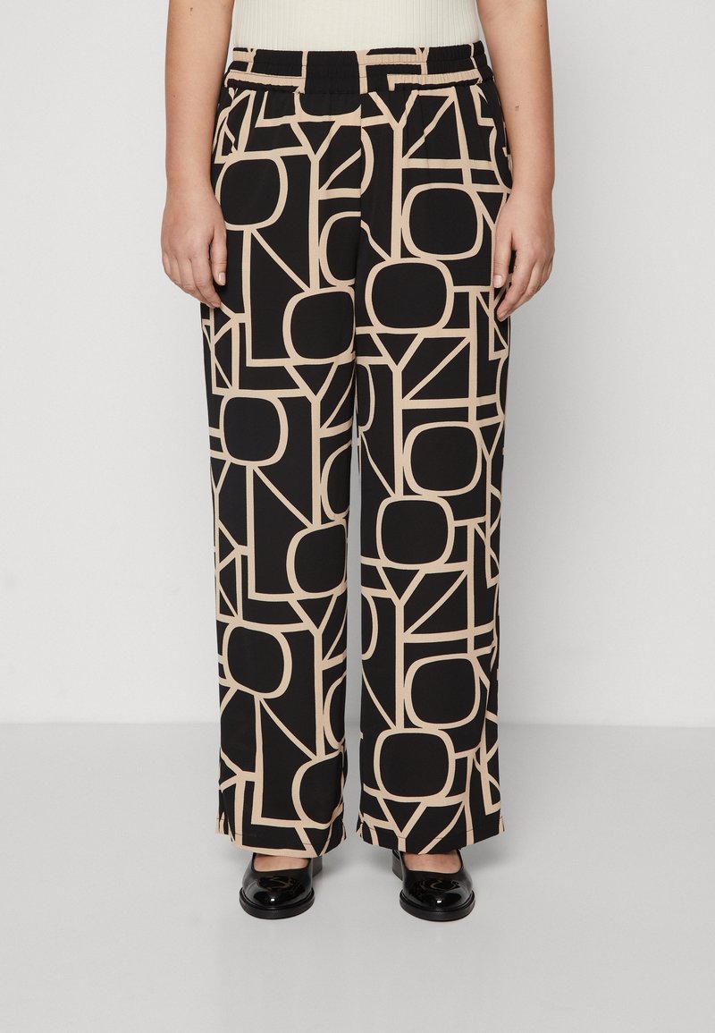 Pantalones de pierna ancha en color negro y beige con un estampado, que cuentan con una cinturilla elástica, con formas geométricas audaces y un tejido suave y ligero.