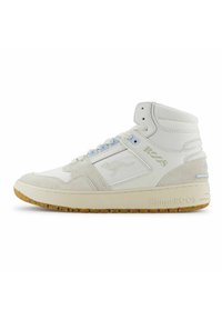 Hochschuhsneakers aus weißem Leder mit hellblauen Akzenten, Wildlederüberzügen und einer strukturierten Gummi-Außensohle. Mit Logo-Detail.