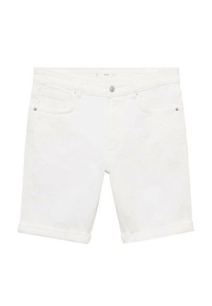 Weiße Jeansshorts mit geradem Schnitt, umgeschlagenen Säumen und einem Fünf-Taschen-Design. Ausgestattet mit einem Knopfverschluss und minimalen Nähedetails.