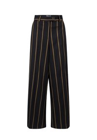 Zwarte wijde broek met bruine verticale strepen, een op maat gemaakte taille met riemlussen en een gladde stoftextuur.