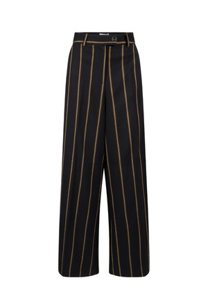 Zwarte wijde broek met bruine verticale strepen, een op maat gemaakte taille met riemlussen en een gladde stoftextuur.