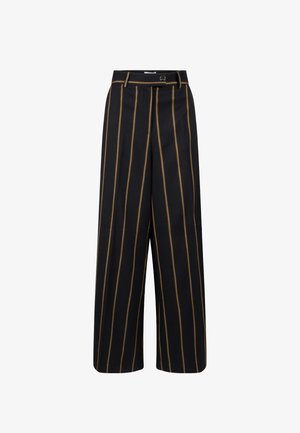 Black wide-leg trousers with brown vertical stripes, a tailored waist with belt loops, and a smooth fabric texture.