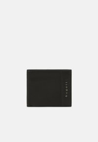 Black leather wallet featuring a smooth texture, bi-fold design, and embossed brand name in metallic lettering on the front.