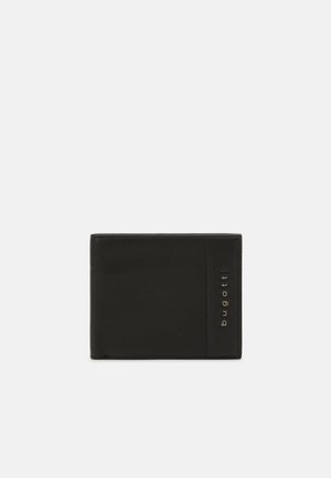 Black leather wallet featuring a smooth texture, bi-fold design, and embossed brand name in metallic lettering on the front.