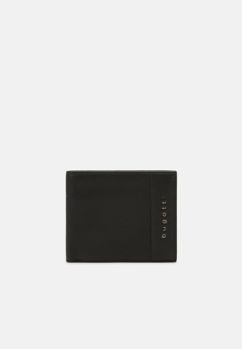 Black leather wallet featuring a smooth texture, bi-fold design, and embossed brand name in metallic lettering on the front.