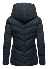 Dark puffer jacket with a hood, featuring a chevron quilt pattern, zippered front, and elastic cuffs for a secured fit.