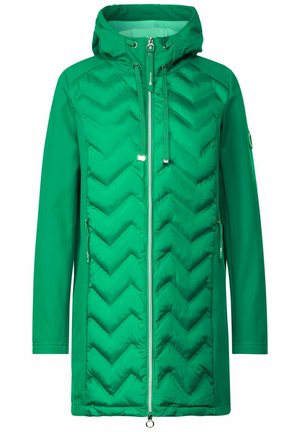 Grüne Puffjacke mit Zickzackmuster, ausgestattet mit Kapuze, Reißverschluss auf der Vorderseite und zwei Seitentaschen. Glatte Textur, leichtes Material.