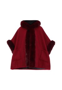 Poncho mit rot-schwarz karriertem Muster, einem weichen burgunderfarbenen Fellkragen und Taschen, mit lockerer Passform und weiten Ärmeln.