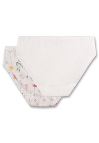 Twee paar dameskatoenen slips, één effen wit en één wit met een meerkleurige bloemenprint, plat neergelegd op een witte achtergrond.
