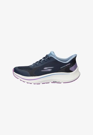 Dark navy mesh athletic shoe with light blue accents, white midsole, and purple detailing. Features a cushioned sole and lace-up design.