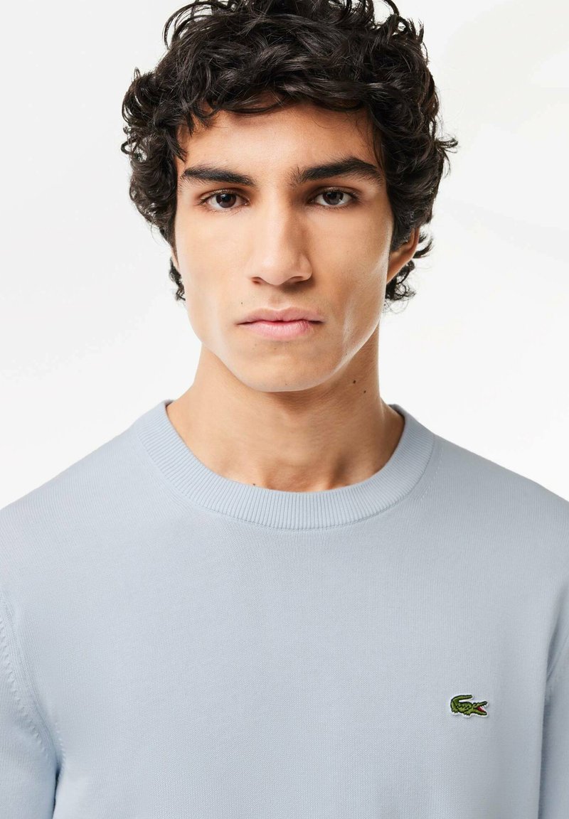 Maglione di cotone azzurro chiaro con scollo rotondo, polsini a coste e un piccolo logo di coccodrillo verde sul lato sinistro del petto. Texture liscia.