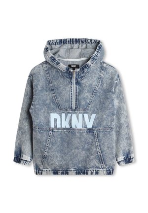 Blauwe denim hoodie met een kangoeroezak, elastische manchetten en capuchon. Voorzien van een groot "DKNY"-logo in lichtblauw over de voorkant.