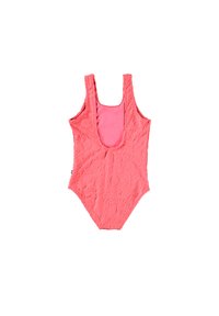 Koral ettdrakt med teksturert blomstermønster og brede skulderstropper. Har scoop hals og utskåret rygg. Glatt innvendig fôr.