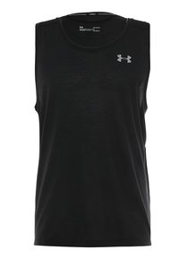 Débardeur de sport sans manches noir avec un tissu texturé, un col rond et un petit logo gris sur la poitrine gauche. Design léger.