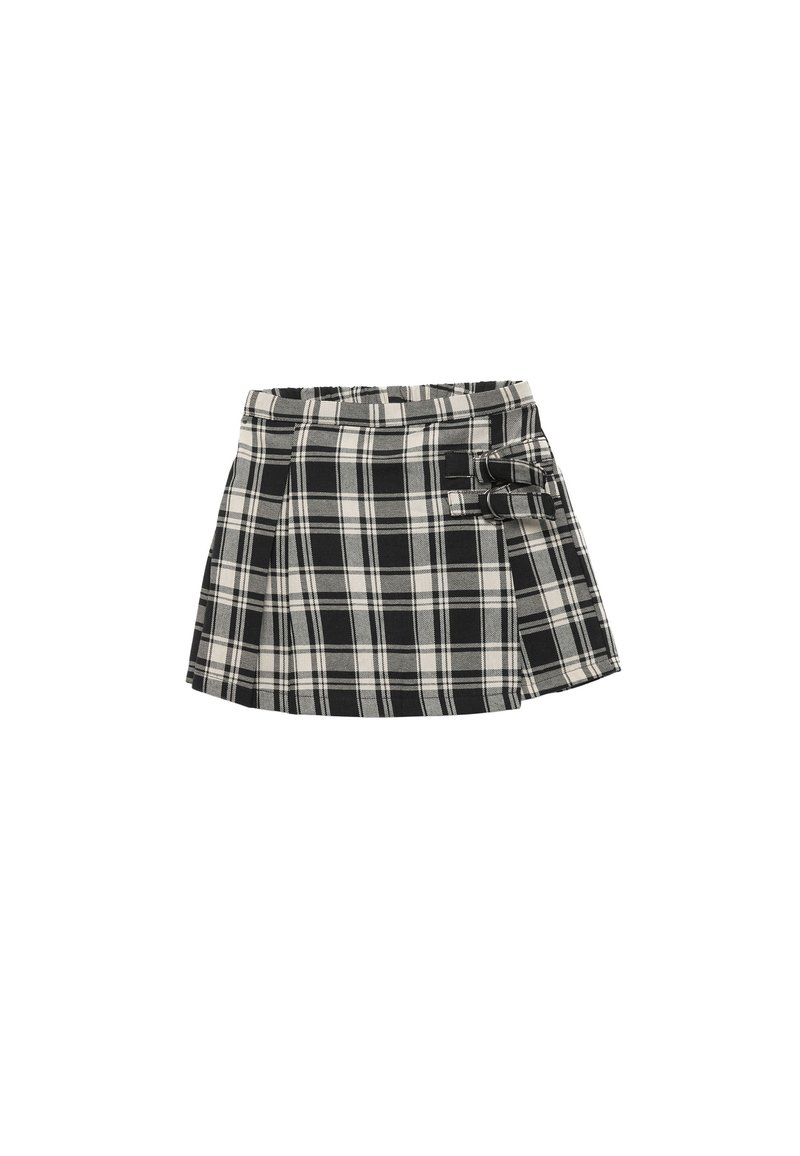 Jupe mini à carreaux noir et blanc avec un design plissé, dotée d'une bande à la taille et d'un accent en nœud sur le côté pour plus de détail.