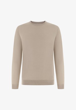 Pull beige à manches longues en tissu doux et fin tricoté. Il présente un col rond et des poignets et ourlet côtelés pour une coupe ajustée.