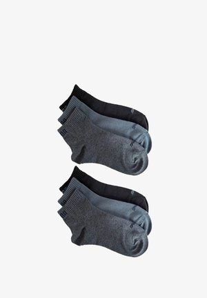 Set mit sechs kurzen Socken in verschiedenen Grautönen, Blau und Schwarz. Hergestellt aus einem weichen Material mit gerippten Oberteilen und nahtlosen Zehenabschlüssen.