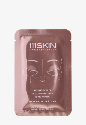 Rose gold foliepakke mærket 111SKIN Rose Gold Illuminating Eye Mask med en simpel ansigtskontur, der viser placeringen af øjenmasken.