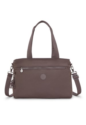 Hnědá obdélníková kabelka s dvojitými uchy, přední kapsou na zip, odnímatelným ramenním popruhem a malým příveskem ve tvaru opičky.