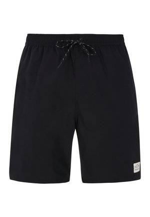 Crne kupaćice s elastičnim pojasom i podesivim vezicama, bočnim džepovima i malom oznakom branda. Glatka текстура tkanine.