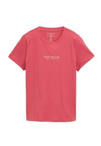 T-shirt en coton de couleur corail avec des manches courtes et un col rond, présentant "TOM TAILOR EST. 1962" imprimé en une police beige contrastante.