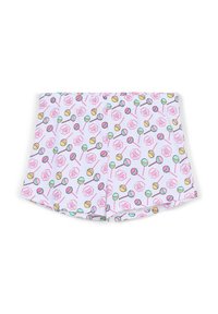 Pantaloni corti realizzati in tessuto leggero con uno sfondo rosa e motivi colorati a tema caramelle, tra cui lecca-lecca e design di zucchero filato.