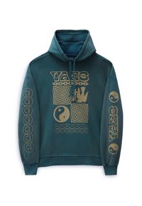 Felpa color teal con una grafica frontale che presenta il testo dorato "VANS" e motivi geometrici. Dotata di cappuccio con coulisse e polsini a costine.