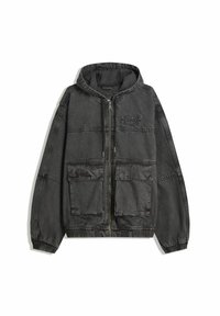 Grijze denim jas met capuchon, voorzien van een ritssluiting aan de voorkant, twee grote opgestikte zakken en elastische manchetten. Gelaagd stof met zichtbare stiksels.