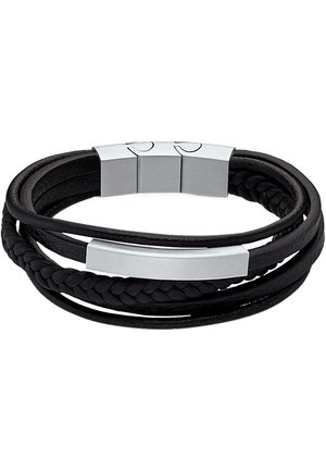 Geflochtenes schwarzes Lederarmband mit drei Strängen, ausgestattet mit silberfarbener Hardware und einem eleganten Verschlussdesign. Strukturiert und flexibel.