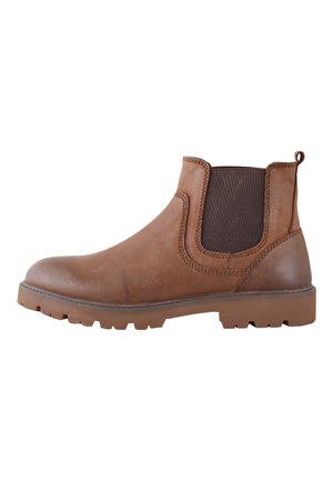 Botte Chelsea en cuir marron avec panneaux latéraux élastiques foncés, languette au talon et semelle en caoutchouc robuste pour l'extérieur.