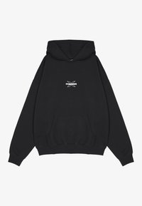 Sudadera negra con capucha y bolsillo tipo canguro, con un logo blanco "PEGHOR X" en el frente, hecha de suave tela de algodón.